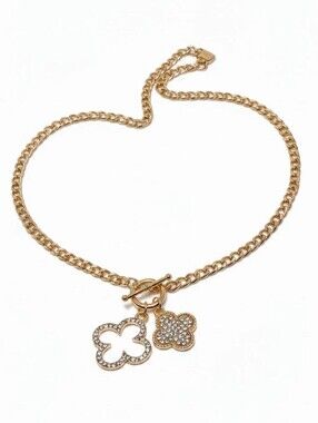 Gold-Tone Clover Charm Chain Necklace - Sparkling Pendant